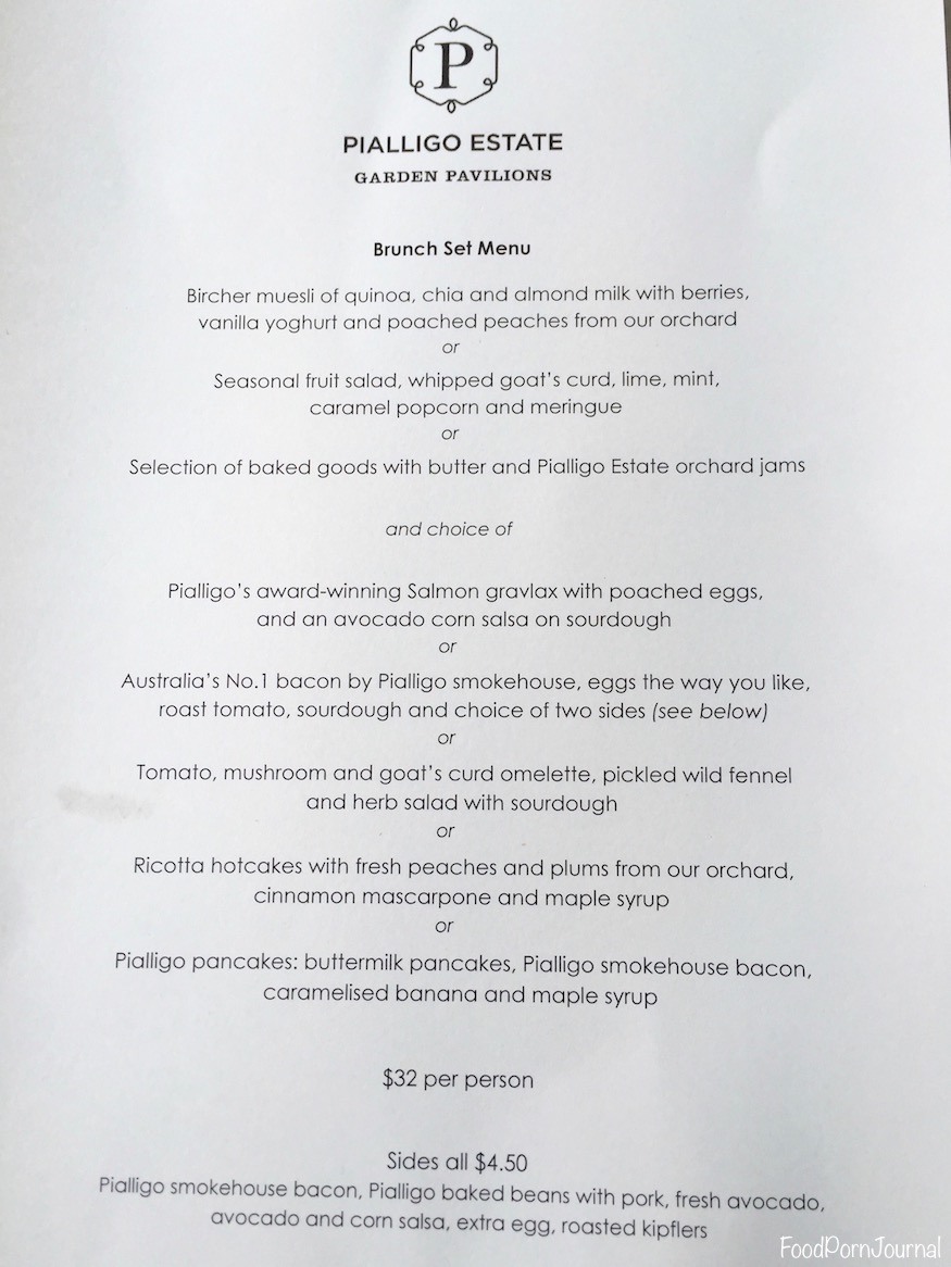 Pialligo Estate Pavilion Breakfast menu