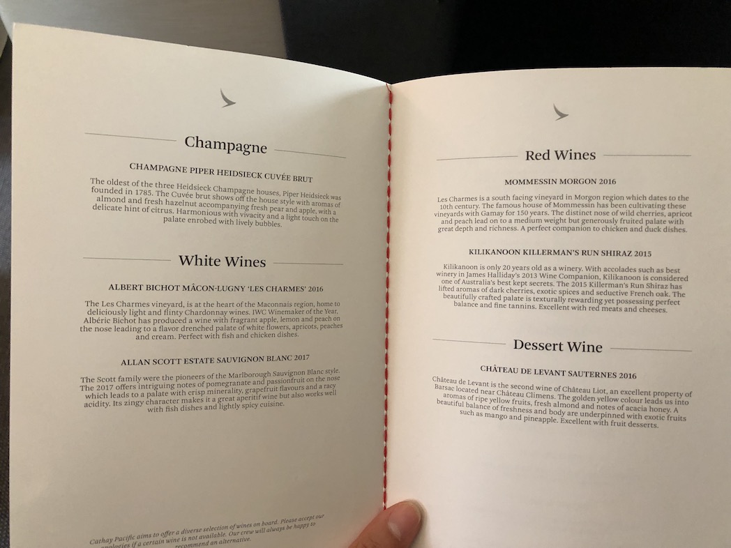 Cathay Pacific business class wine list