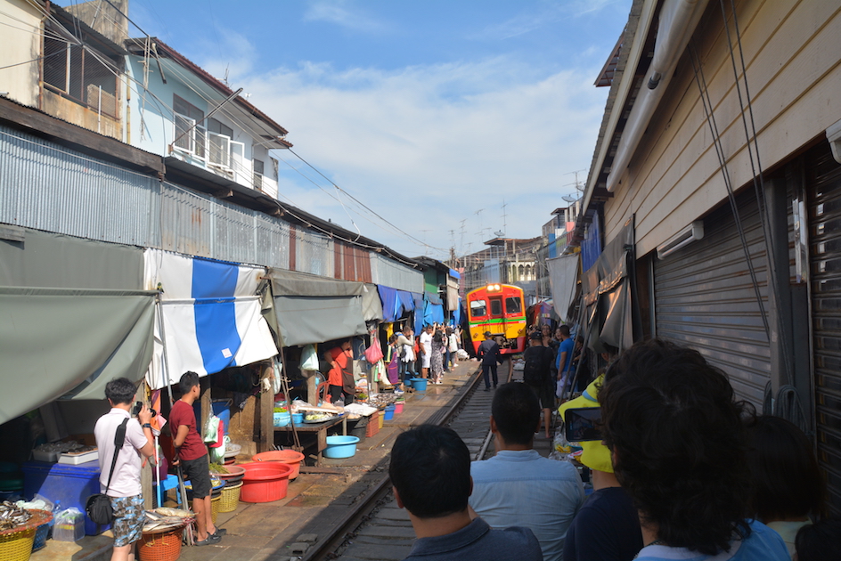 Maeklong Railway Market Bangkok train arriving