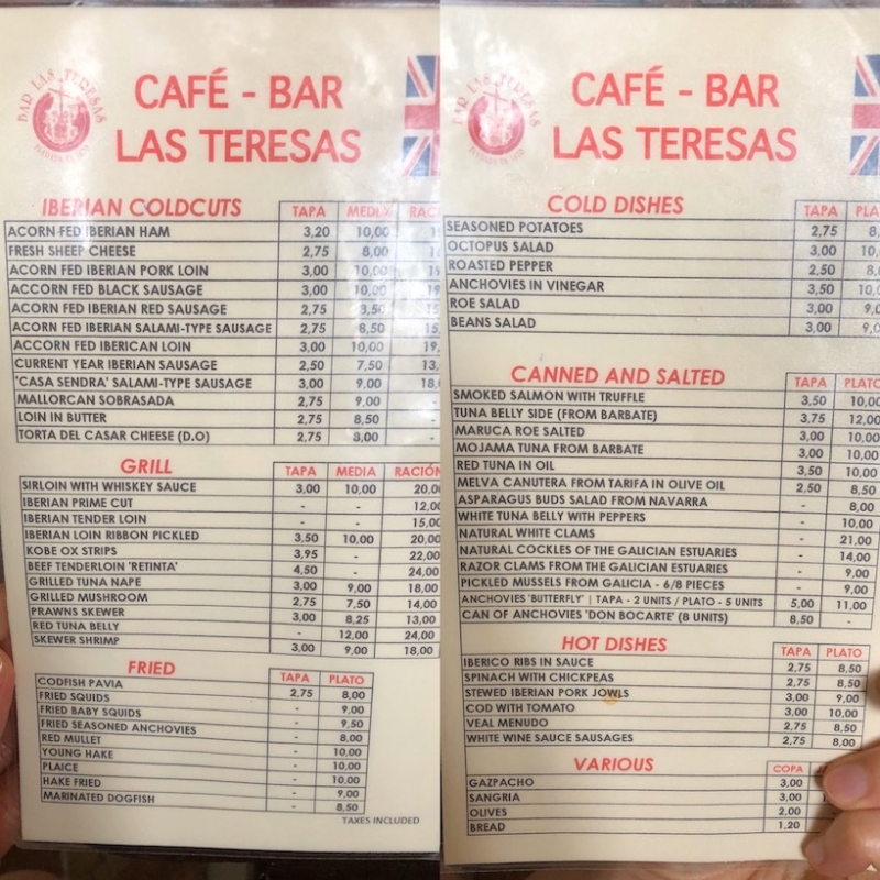 Bar Las Teresas Seville Spain menu